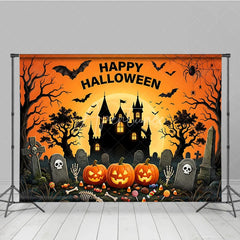 Aperturee - Aperturee Happy Halloween Spooky Castle and Jack-O-Lanterns Holiday Backdrop Spiders Eerie Graveyard Scene Party Decor