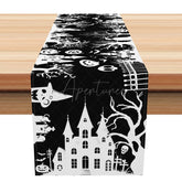 Aperturee - Aperturee Happy Halloween Table Runner with Black and White Haunted Manor for Gothic and Spooky Party Decor
