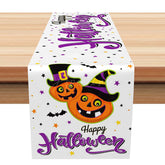 Aperturee - Aperturee Happy Halloween Table Runner with Purple Pumpkin and Witch Hats for Spooky and Fun Party Decor