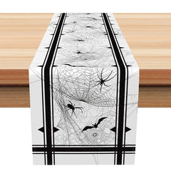 Aperturee - Aperturee Happy Halloween Table Runner with White and Black Spider Web for Modern and Spooky Party Decor