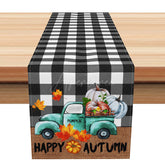 Aperturee - Aperturee Happy Harvest Autumn Table Runner Vintage Truck with Pumpkins on Plaid Rustic Farmhouse Thanksgiving Decor