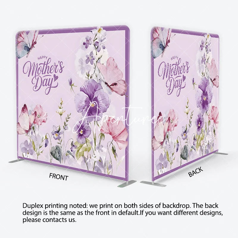 Aperturee - Aperturee Happy Mother’s Day Purple Floral Square Double-Sided Backdrop Watercolor Butterflies and Elegant Flowers