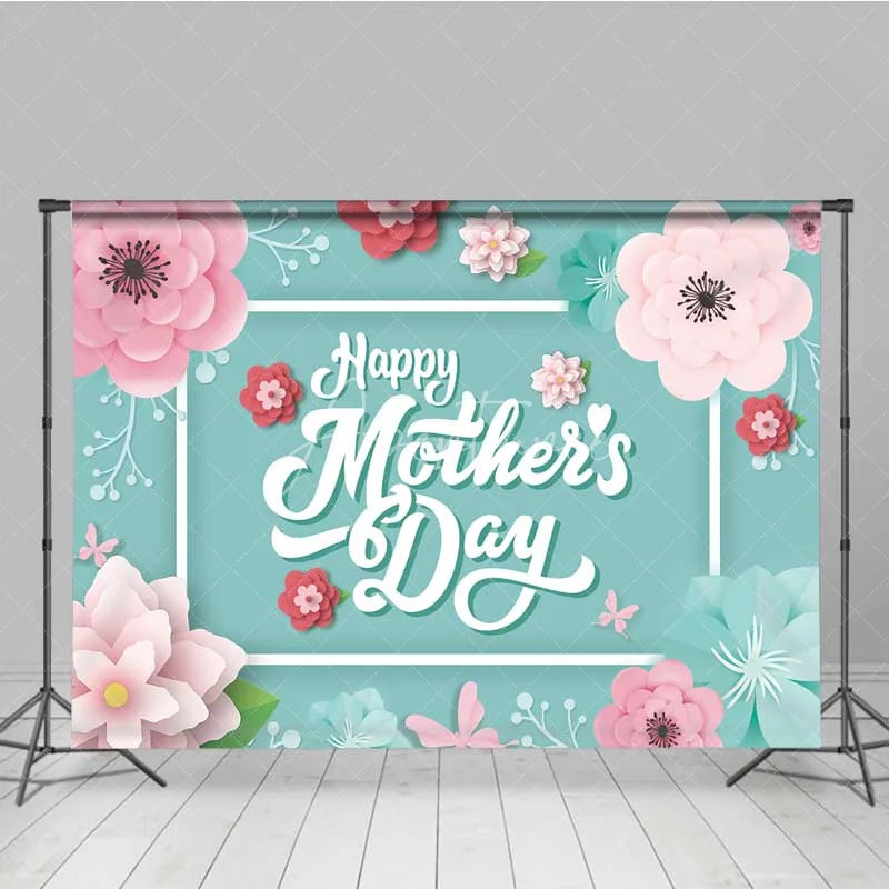 Aperturee - Aperturee Happy Mothers Day Backdrop Pink Paper Flowers on Teal Background Party Decoration