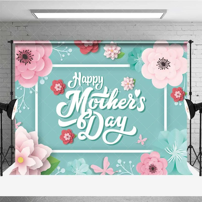 Aperturee - Aperturee Happy Mothers Day Backdrop Pink Paper Flowers on Teal Background Party Decoration