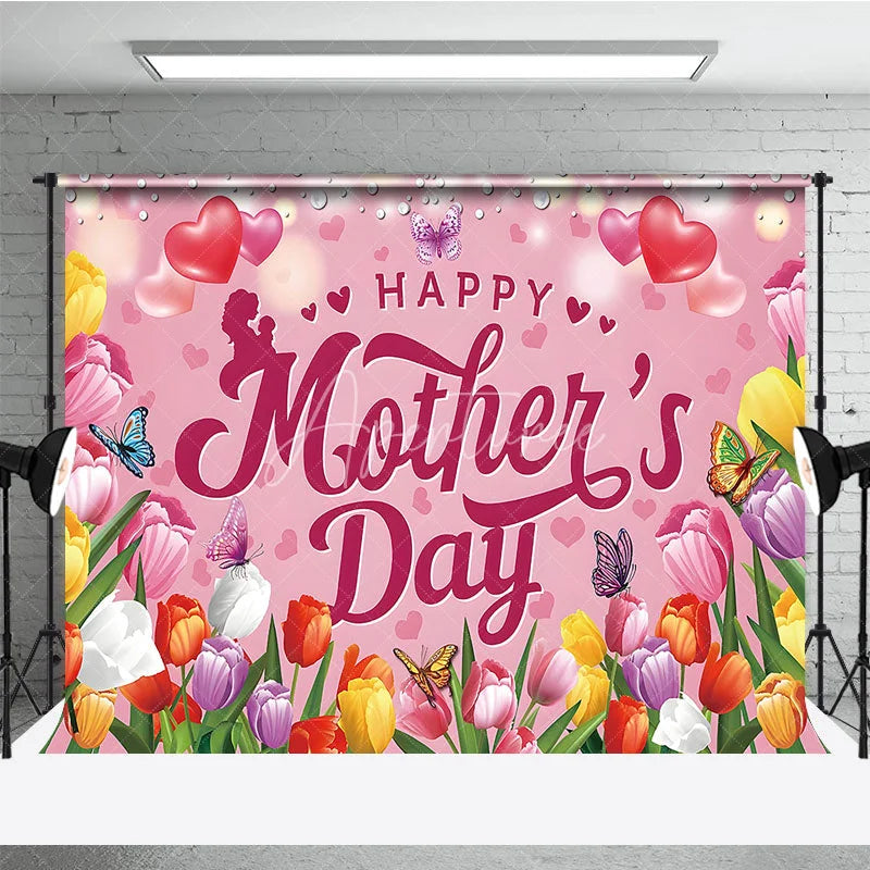 Aperturee - Aperturee Happy Mother’s Day Backdrop Pink Tulips and Butterflies Floral Celebration Photo Background