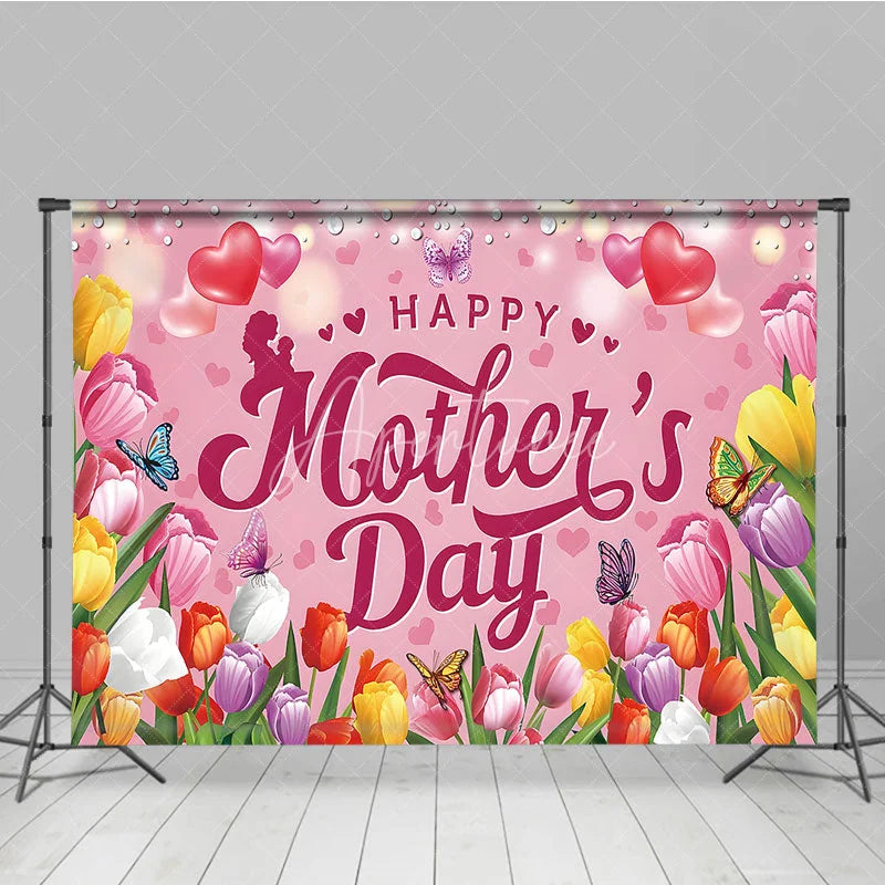 Aperturee - Aperturee Happy Mother’s Day Backdrop Pink Tulips and Butterflies Floral Celebration Photo Background