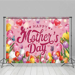 Aperturee - Aperturee Happy Mother’s Day Backdrop Pink Tulips and Butterflies Floral Celebration Photo Background