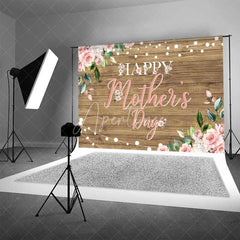 Aperturee - Aperturee Happy Mothers Day Backdrop Rustic Wood and Pink Roses Photography Background Floral String Lights Party Banner
