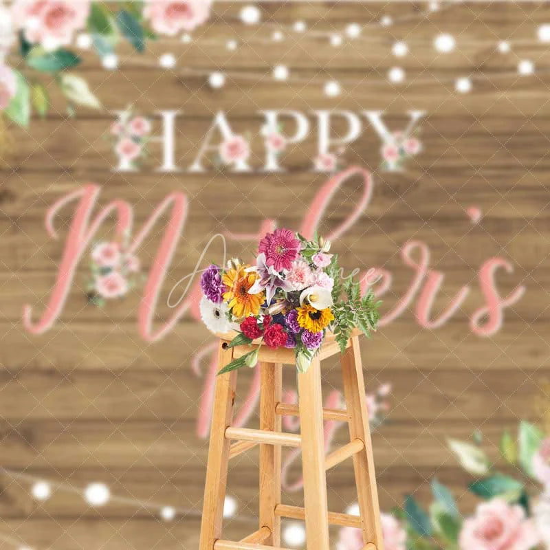 Aperturee - Aperturee Happy Mothers Day Backdrop Rustic Wood and Pink Roses Photography Background Floral String Lights Party Banner