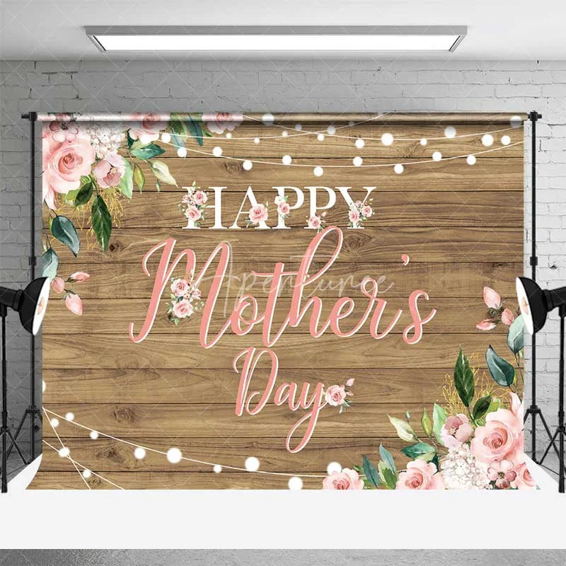 Aperturee - Aperturee Happy Mothers Day Backdrop Rustic Wood and Pink Roses Photography Background Floral String Lights Party Banner