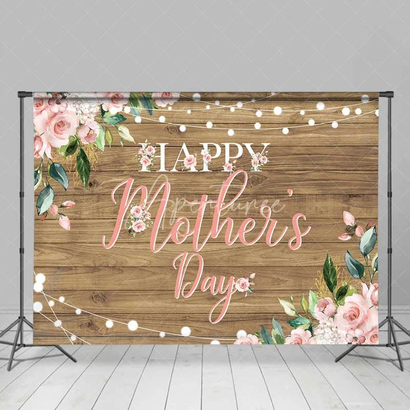 Aperturee - Aperturee Happy Mothers Day Backdrop Rustic Wood and Pink Roses Photography Background Floral String Lights Party Banner