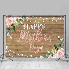 Aperturee - Aperturee Happy Mothers Day Backdrop Rustic Wood and Pink Roses Photography Background Floral String Lights Party Banner