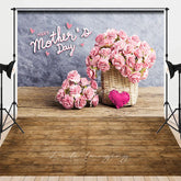 Aperturee - Aperturee Happy Mother’s Day Pink Carnations Basket Combo Set Backdrop Rustic Wood Floor Gray Wall for Celebration