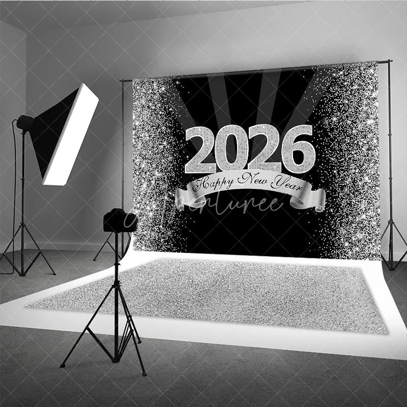 Aperturee - Aperturee Happy New Year 2026 Backdrop in Black and Silver Glitter Elegant Diamond Themed NYE Party Spotlight Decor