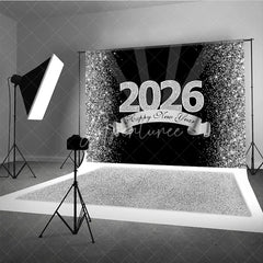 Aperturee - Aperturee Happy New Year 2026 Backdrop in Black and Silver Glitter Elegant Diamond Themed NYE Party Spotlight Decor