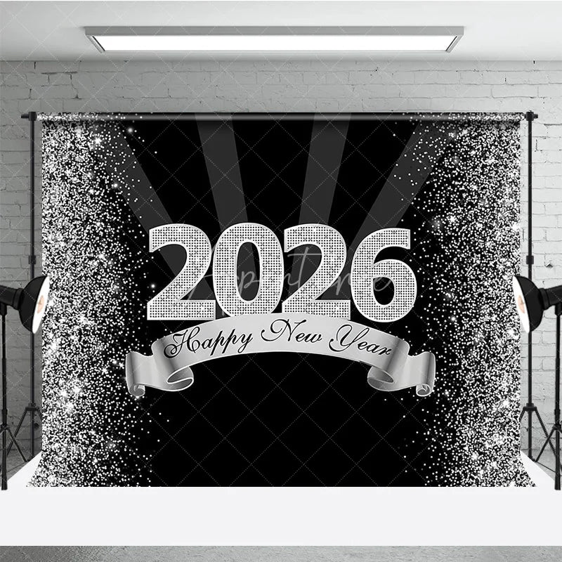 Aperturee - Aperturee Happy New Year 2026 Backdrop in Black and Silver Glitter Elegant Diamond Themed NYE Party Spotlight Decor