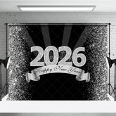 Aperturee - Aperturee Happy New Year 2026 Backdrop in Black and Silver Glitter Elegant Diamond Themed NYE Party Spotlight Decor