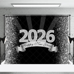 Aperturee - Aperturee Happy New Year 2026 Backdrop in Black and Silver Glitter Elegant Diamond Themed NYE Party Spotlight Decor