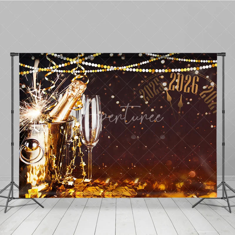 Aperturee - Aperturee Happy New Year 2026 Backdrop with Countdown Clock Champagne and Sparkler Black and Gold NYE Party Decor