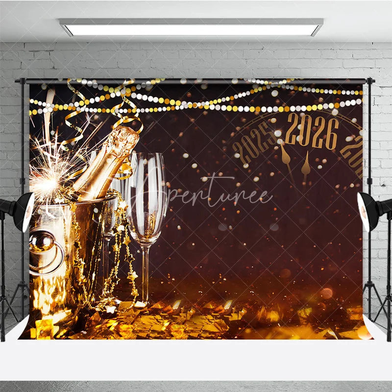 Aperturee - Aperturee Happy New Year 2026 Backdrop with Countdown Clock Champagne and Sparkler Black and Gold NYE Party Decor