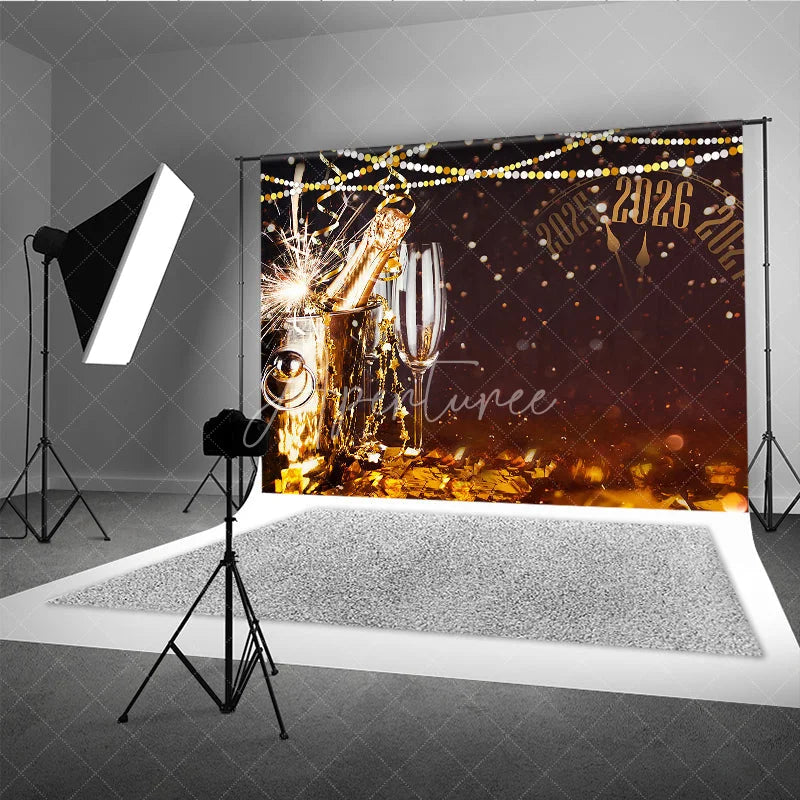 Aperturee - Aperturee Happy New Year 2026 Backdrop with Countdown Clock Champagne and Sparkler Black and Gold NYE Party Decor