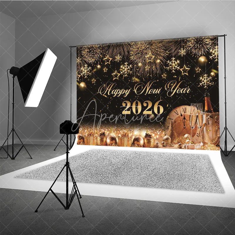 Aperturee - Aperturee Happy New Year 2026 Backdrop with Gold Fireworks Clock and Champagne Black and Gold NYE Party Photo Booth Decor