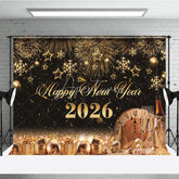 Aperturee - Aperturee Happy New Year 2026 Backdrop with Gold Fireworks Clock and Champagne Black and Gold NYE Party Photo Booth Decor