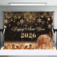 Aperturee - Aperturee Happy New Year 2026 Backdrop with Gold Fireworks Clock and Champagne Black and Gold NYE Party Photo Booth Decor