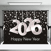 Aperturee - Aperturee Happy New Year 2026 Backdrop with Hanging Silver Numbers Black Background with Stars Modern NYE Party Decor
