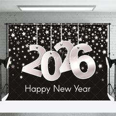 Aperturee - Aperturee Happy New Year 2026 Backdrop with Hanging Silver Numbers Black Background with Stars Modern NYE Party Decor