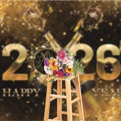 Aperturee - Aperturee Happy New Year 2026 Backdrop with Popping Champagne Clock and Gold Confetti Black and Gold NYE Party Decor