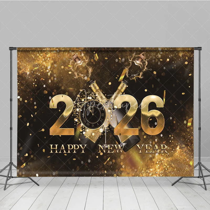 Aperturee - Aperturee Happy New Year 2026 Backdrop with Popping Champagne Clock and Gold Confetti Black and Gold NYE Party Decor