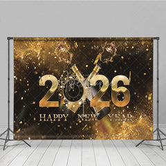 Aperturee - Aperturee Happy New Year 2026 Backdrop with Popping Champagne Clock and Gold Confetti Black and Gold NYE Party Decor