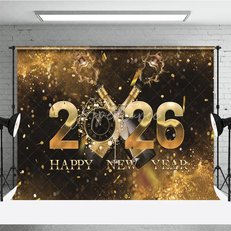 Aperturee - Aperturee Happy New Year 2026 Backdrop with Popping Champagne Clock and Gold Confetti Black and Gold NYE Party Decor
