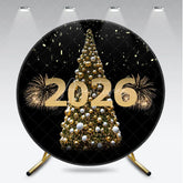 Aperturee - Aperturee Happy New Year 2026 Round Backdrop with Golden Christmas Tree Fireworks and Confetti Elegant NYE Party Decor
