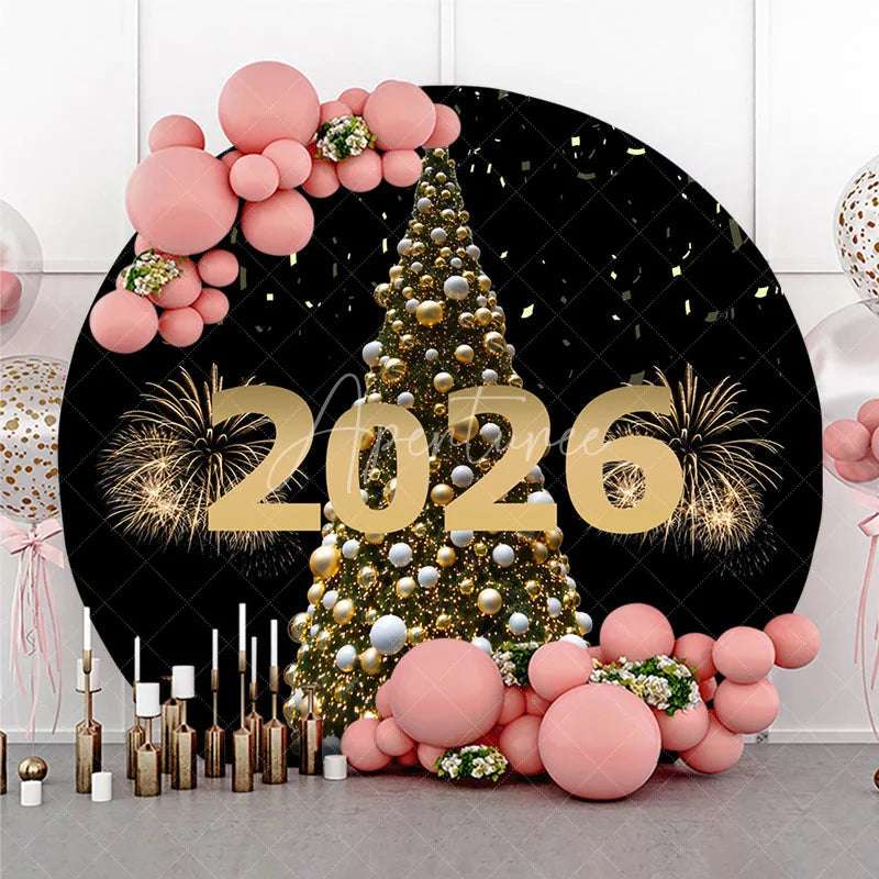 Aperturee - Aperturee Happy New Year 2026 Round Backdrop with Golden Christmas Tree Fireworks and Confetti Elegant NYE Party Decor