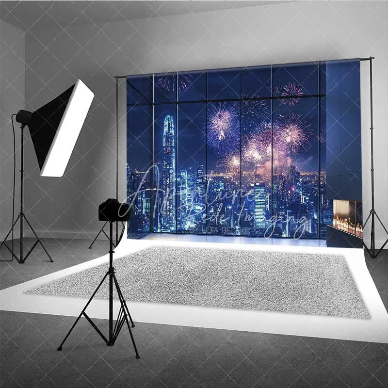 Aperturee - Aperturee Happy New Year City Skyline Photography Backdrop Night Fireworks Window View Photo Background Celebration Party Prop