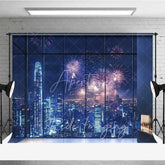 Aperturee - Aperturee Happy New Year City Skyline Photography Backdrop Night Fireworks Window View Photo Background Celebration Party Prop