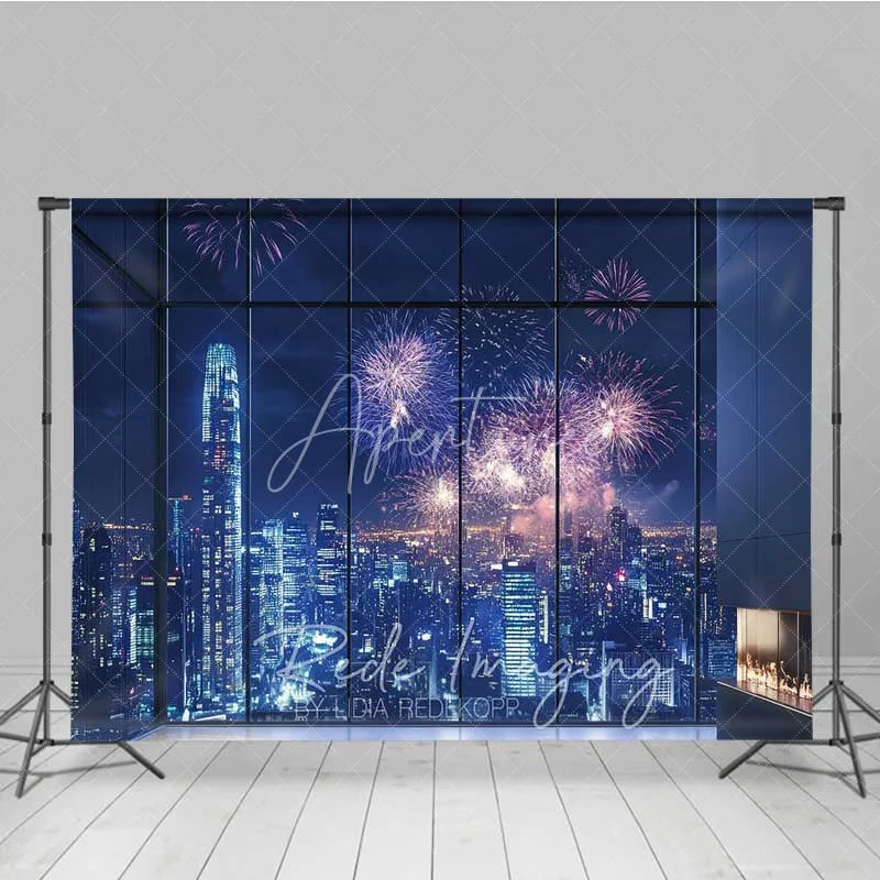 Aperturee - Aperturee Happy New Year City Skyline Photography Backdrop Night Fireworks Window View Photo Background Celebration Party Prop