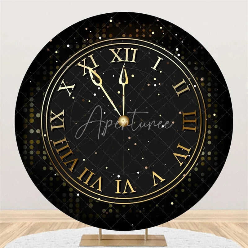 Aperturee - Aperturee Happy New Year Clock Round Backdrop Black Gold Countdown Dial Background for Party