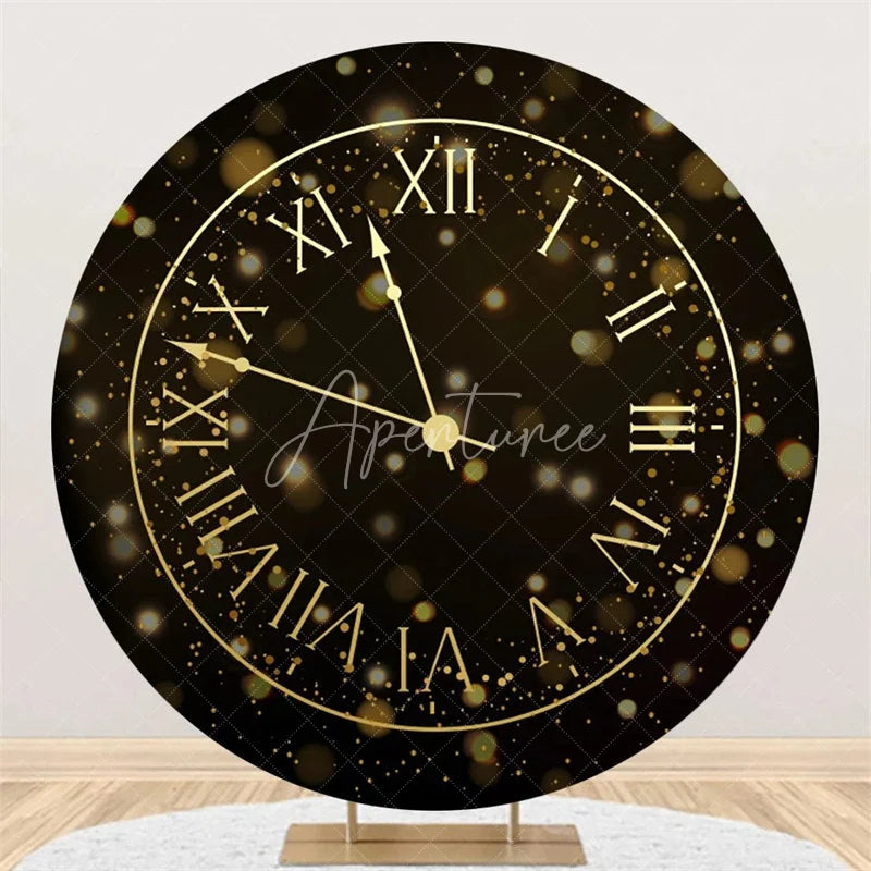 Aperturee - Aperturee Happy New Year Clock Round Backdrop Black Gold Countdown Dial Background for Party