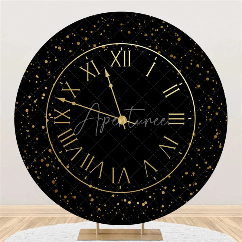 Aperturee - Aperturee Happy New Year Clock Round Backdrop Black Gold Countdown Dial Background for Party