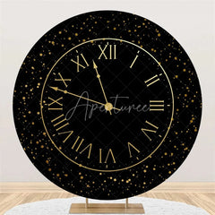 Aperturee - Aperturee Happy New Year Clock Round Backdrop Black Gold Countdown Dial Background for Party