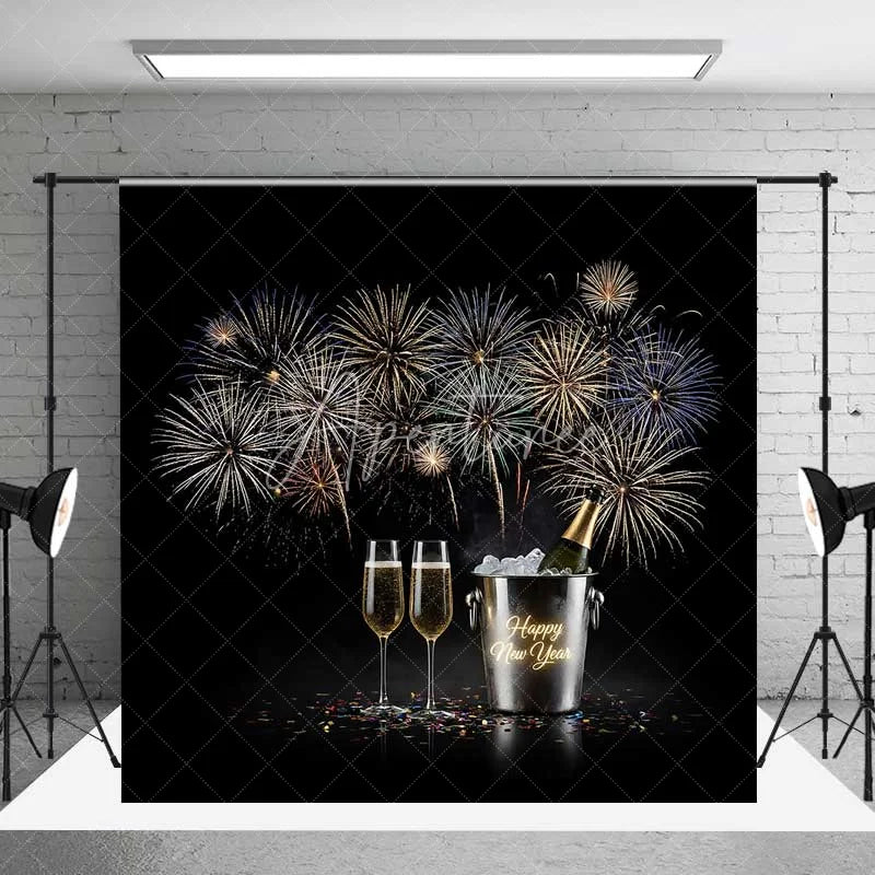 Aperturee - Aperturee Happy New Year Fireworks Photography Backdrop Champagne Celebration Party Photo Background Cheers Toast Prop