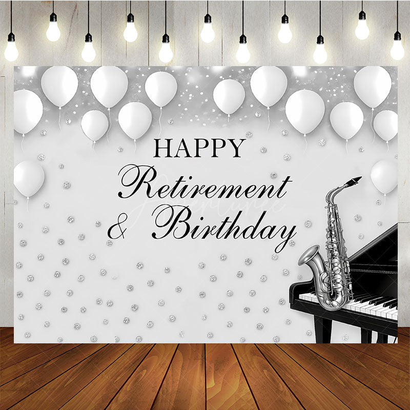 Aperturee - Aperturee Happy Retirement and Birthday Party Backdrop Black and Silver with Saxophone and Piano Music Themed Decor