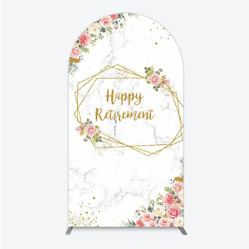 Aperturee - Aperturee Happy Retirement Arch Backdrop with Pink Floral and Gold Frame Elegant Marble Party Photo Booth Decor for Women