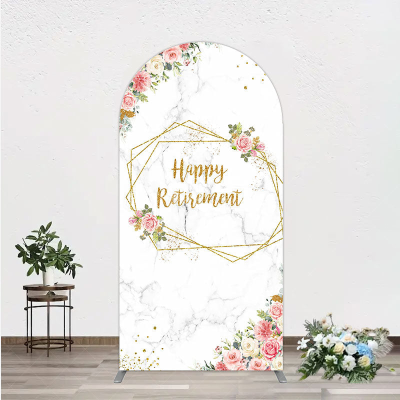 Aperturee - Aperturee Happy Retirement Arch Backdrop with Pink Floral and Gold Frame Elegant Marble Party Photo Booth Decor for Women