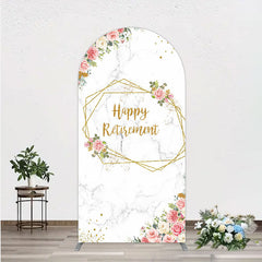 Aperturee - Aperturee Happy Retirement Arch Backdrop with Pink Floral and Gold Frame Elegant Marble Party Photo Booth Decor for Women