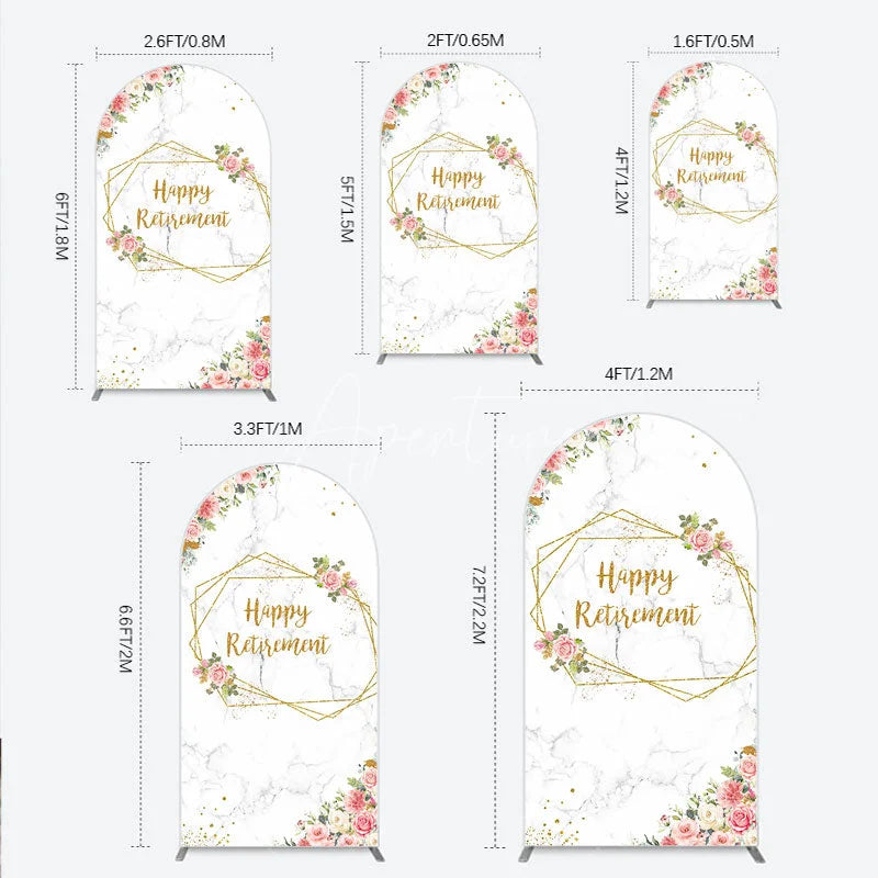 Aperturee - Aperturee Happy Retirement Arch Backdrop with Pink Floral and Gold Frame Elegant Marble Party Photo Booth Decor for Women