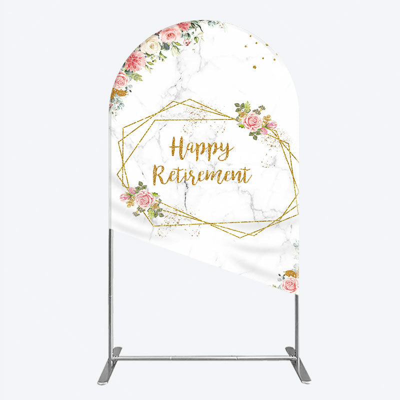 Aperturee - Aperturee Happy Retirement Arch Backdrop with Pink Floral and Gold Frame Elegant Marble Party Photo Booth Decor for Women